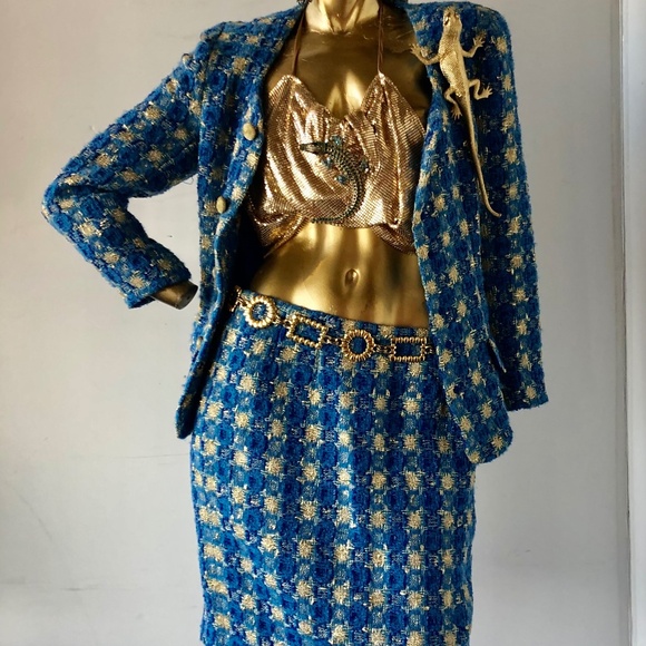 vintage 1980s blue and gold wool suit Master the art of effortless chic - Picture 1 of 12